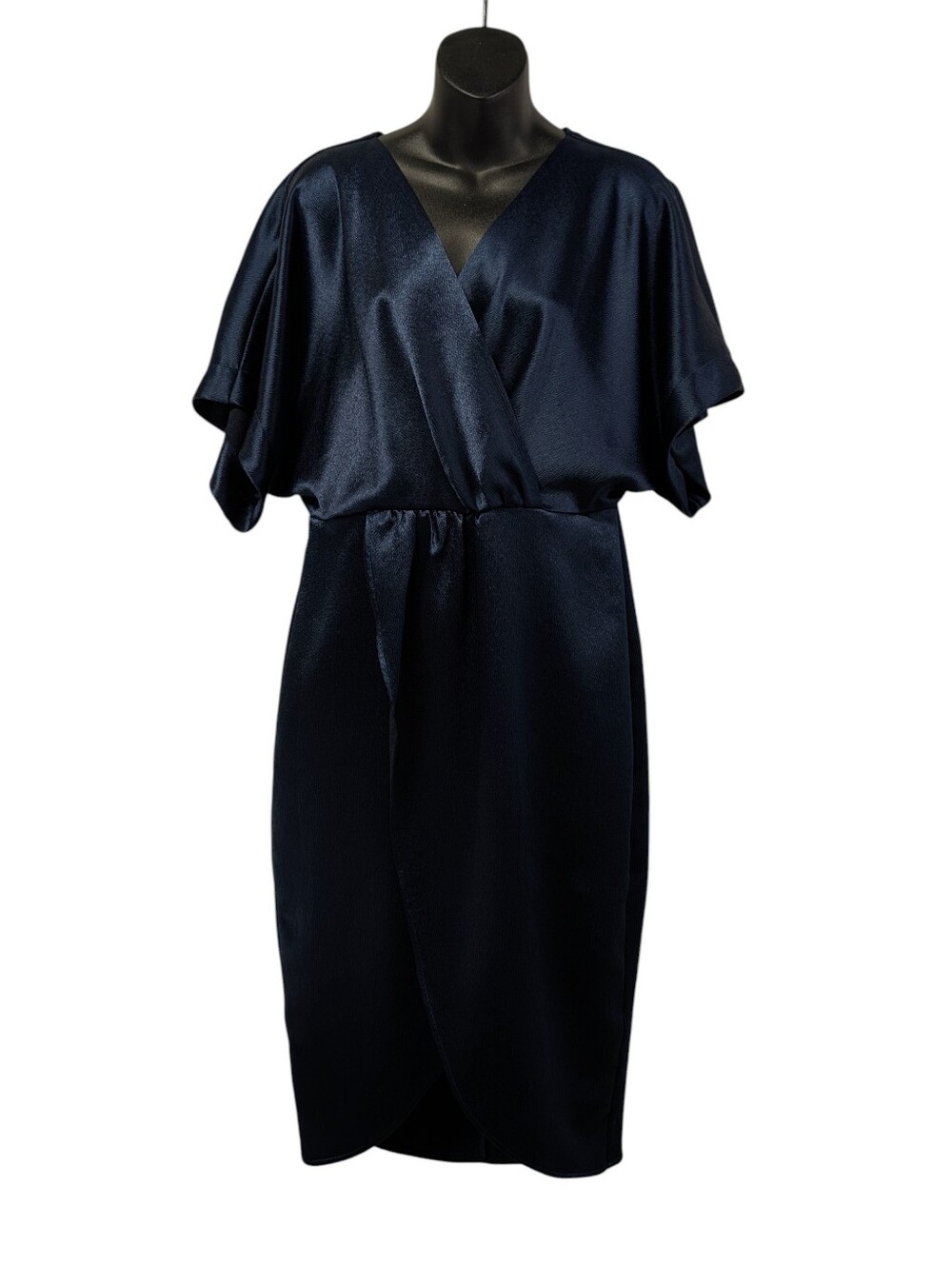 Express Navy Blue Satin Faux Wrap Dolman Kimono Sleeve Midi Dress Size M